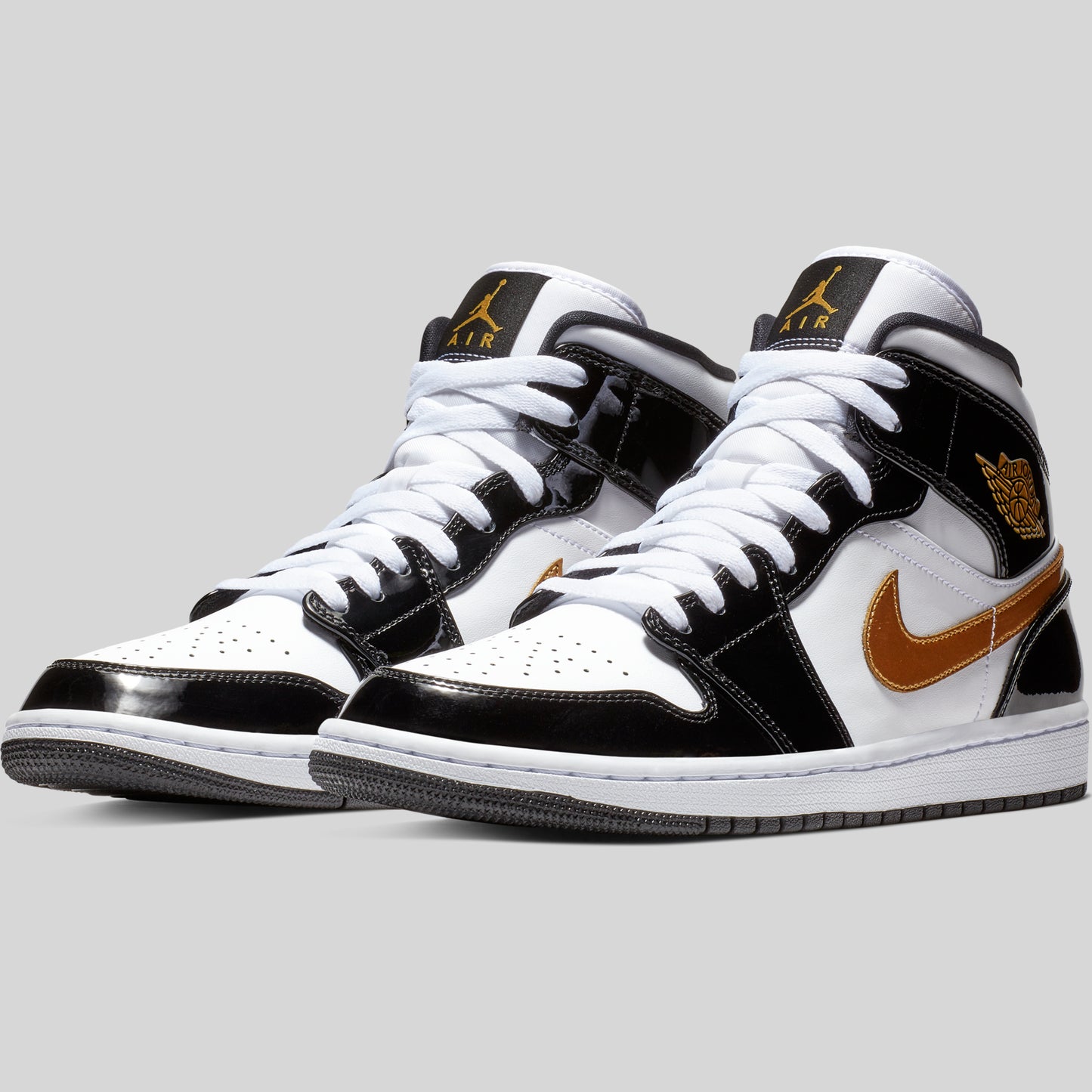 Air Jordan 1 Mid Patent Black White Gold